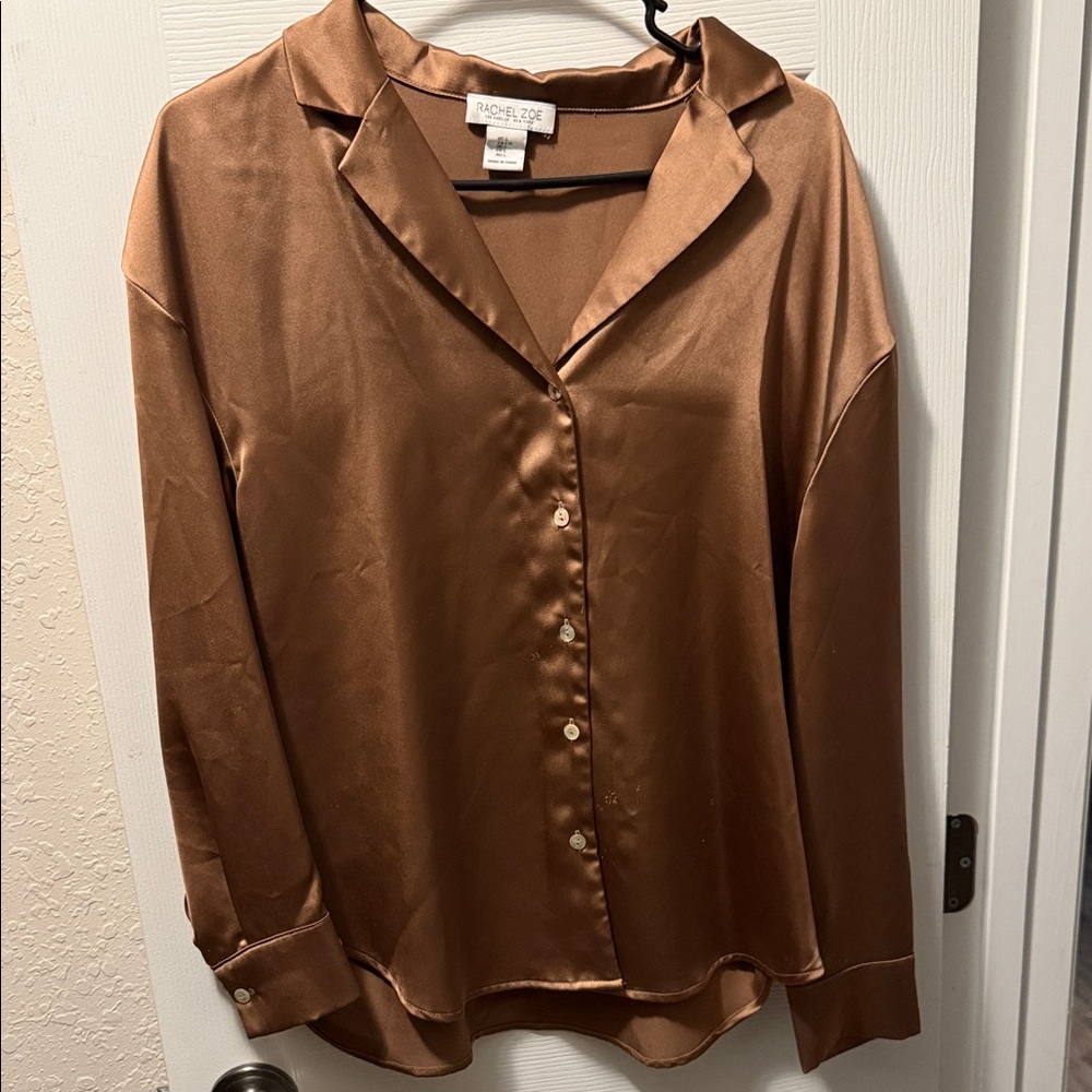 Rachel Zoe Satin Button Down Shirt in Rich Brown